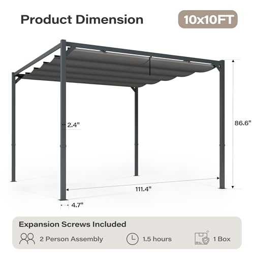 LAUSAINT HOME 10' x 10' Outdoor Retractable Pergola, Heavy-Duty Aluminum Pergola with Sun Shade Canopy for Garden, Backyard, Deck, Porch, Grey