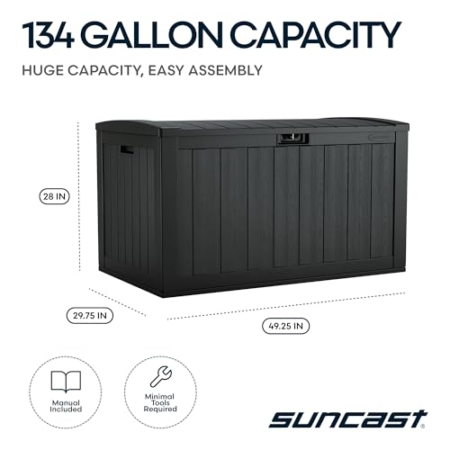 Suncast 134-Gal. Resin Extra-Large Outdoor Patio Deck Box with Pad-Lockable Lid, Modern Outdoor Patio Bench/Storage Box for Cushions, Garden Tools, and More, Iron Ore