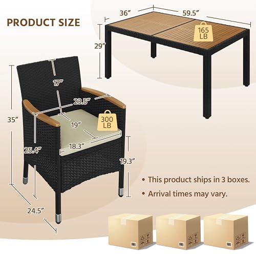 Yaheetech 7 Piece Patio Furniture Set, Outdoor Dining Acacia Wood Table Top Rattan Conversation Set with Soft Cushions, 6 Chairs & 1 Table for Backyard, Deck, Garden & Yard, Black/Beige