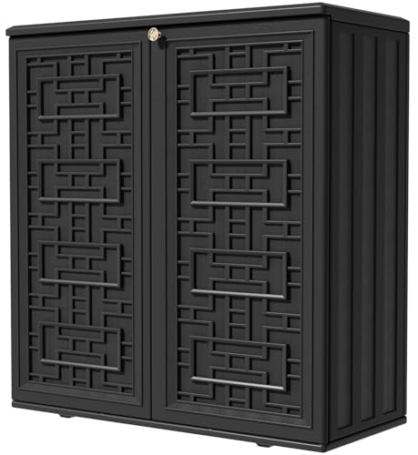 KINYING Outdoor Storage Cabinet Waterproof, Resin 62 Gallon Deck Box for Patio Furniture Cushions, Garden Tools, Pool Tools and Kids’ Toys (Black with 1 Shelving)