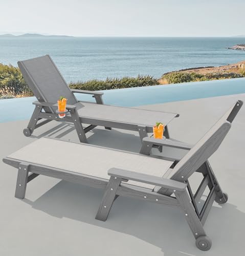SERWALL Textilene Patio Chaise Lounge Chair Set of 2, 5 Positions Outdoor Lounger with Rolling Wheels for Pool, Deck, Gray