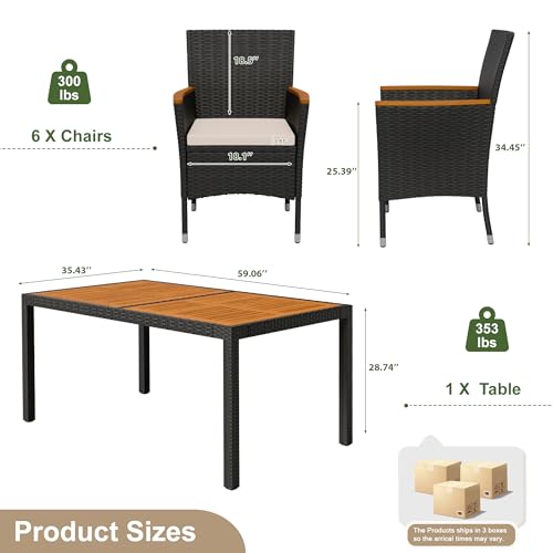 Devoko Dining 7 PCS Furniture, Patio Conversation Set with Acacia Wood Table Top, Outdoor, Beige Cushion and Black Rattan