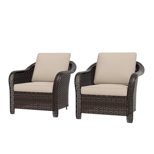 Qsoer Outdoor Wicker Chair Set of 2, All-Weather Use Patio Rattan Chair with Seat and Back Cushion, Ideal for Porch, Backyard, Balcony, Poolside, Beige