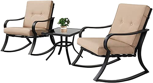 Oakcloud Oakmont Outdoor Furniture 3 Piece Conversation Bistro Set Rocking Chairs and Glass Top Table, Thick Cushions, Black Steel (Brown)