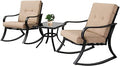 Oakcloud Oakmont Outdoor Furniture 3 Piece Conversation Bistro Set Rocking Chairs and Glass Top Table, Thick Cushions, Black Steel (Brown)