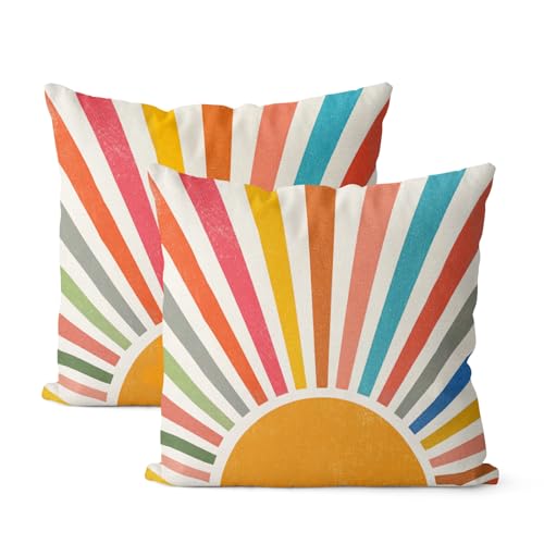 JEFERSO Summer Pillow Covers 18x18 Set of 2 Colorful Stripes Yellow Sunshine Decorations Outdoor Throw Pillows Boho Rainbow Sun Pillowcase Linen Decor Modern Farmhouse Cushion Case for Home Bedroom