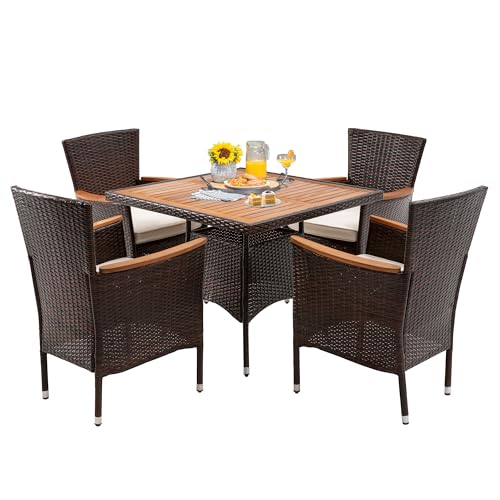 FansaFurn 5 Piece Patio Wicker Dining Sets for 4, Water-Resistant Rattan Outdoor Dining Table and 4 Chairs with Wood Table Top, Conversation Set for Deck, Garden, Backyard, Removable Cushions, Brown