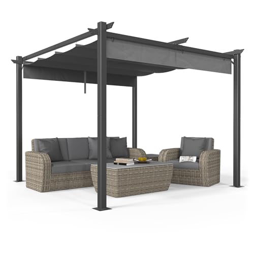 VINGLI 10’x 10' Outdoor Pergola Retractable Aluminum Pergola Canopy with Adjustable Roof, Patio Pergola for Deck, Porch, Garden, Yard (Gray)