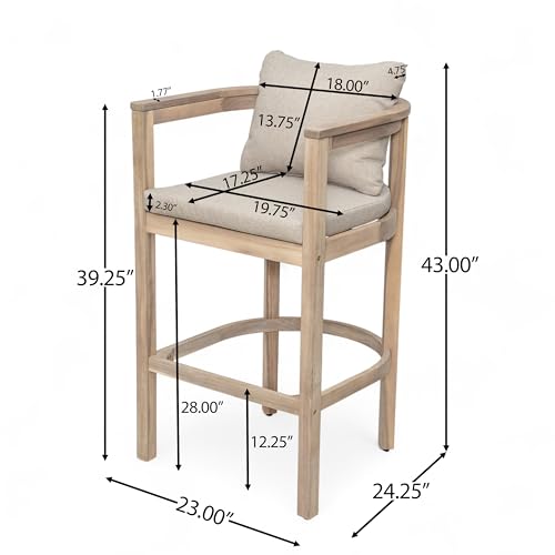 Christopher Knight Home Kuart Acacia Wood Outdoor Bar Stool Set of 4 with Cushion, Patio Armchair Set for Bar Table, Wooden Patio Counter Height Bar Stool with Footrest, Natural Washed+Beige