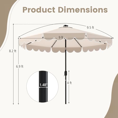 Tangkula 9 FT Solar Patio Umbrella, 2-Tiers Scalloped Outdoor Table Market Umbrella with 32 LED Lights, Vented Top, Tilt Adjustment, Crank, 8 Ribs for Backyard Poolside Deck Beach Lawn (Beige)