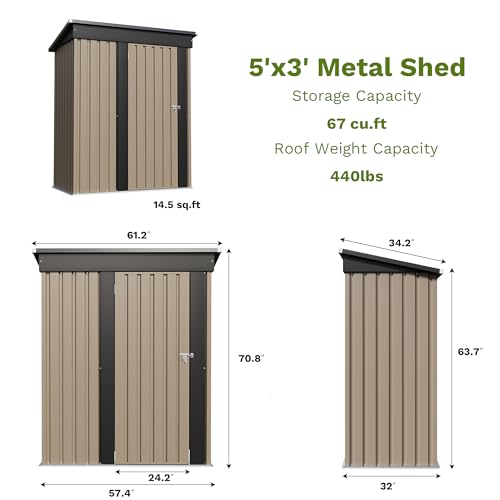 Patiowell 5x3 FT Outdoor Storage Shed, Tool Shed with Sloping Roof and Lockable Door, Metal Shed for Backyard Garden Patio Lawn, Brown