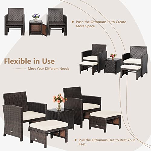 Tangkula 5 Pieces Wicker Patio Furniture Set with Waterproof Cover,Patiojoy Outdoor Cushioned Chairs and Ottoman Set with Single-Door Storage Coffee Table,Space-Saving