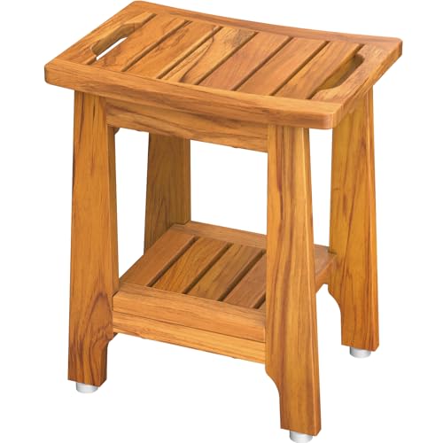 14" Compact Teak Shower Stool with Shelf & Handle - Waterproof, Non-Slip Bath Bench for Small Bathrooms/Tub/Outdoor Use, 300 lbs Capacity (Patented)