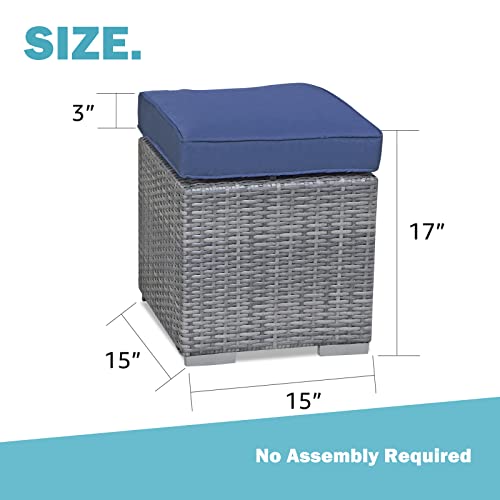Patiorama 2 Pieces Assembled Outdoor Patio Ottoman, Indoor Outdoor All-Weather Grey Wicker Rattan Outdoor Footstool Footrest Seat w/Navy Blue Cushions,Outdoor Ottoman for Patio,No Assembly Required