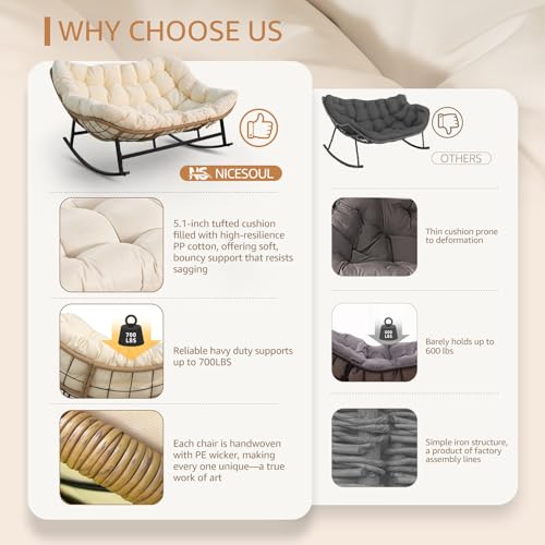 NICESOUL Oversized Double Rocking Papasan Chair with Thick Cushion, 2 Person Big Wicker Outdoor Comfy Recliner, Extra Large Heavy Duty Egg Loveseat for Patio, Balcony, Backyard, Garden, Beige