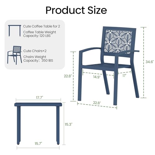 BUPPLEE 3 Piece Patio Bistro Set, Outdoor Steel Furniture Set, Stackable Modern Conversation Sets for Balcony Garden Deck Patio w/2 Chairs 1 Table, Peacock Blue