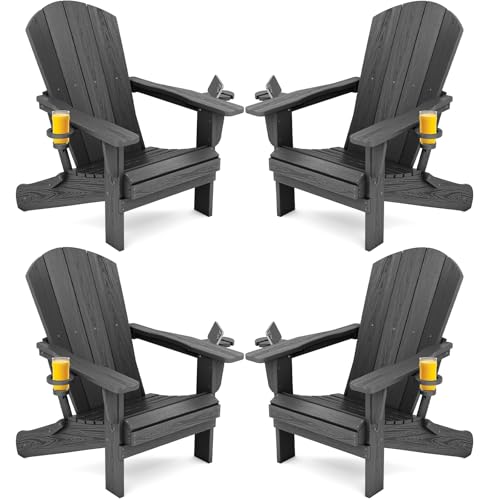 SERWALL Foldable Adirondack Chair Set of 4, HDPE Adirondack Chair with Wood-Texture-Gray