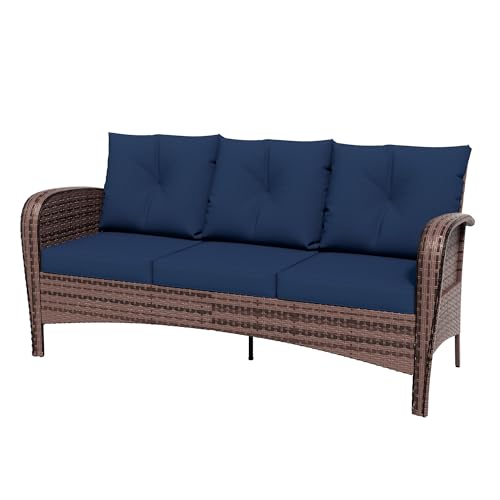 Qsoer Patio 3-Seater Sofa, PE Wicker Outdoor Lounge with Thick Removable Cushions, Rust-Proof Steel Frame, 900LBS Capacity, Blue