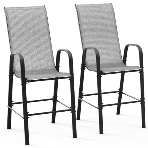 VINGLI Set of 2 Stackable Outdoor Bar Stools – Sling Chairs with High Back & Armrests, for Lawn, Garden, Bar, Grey