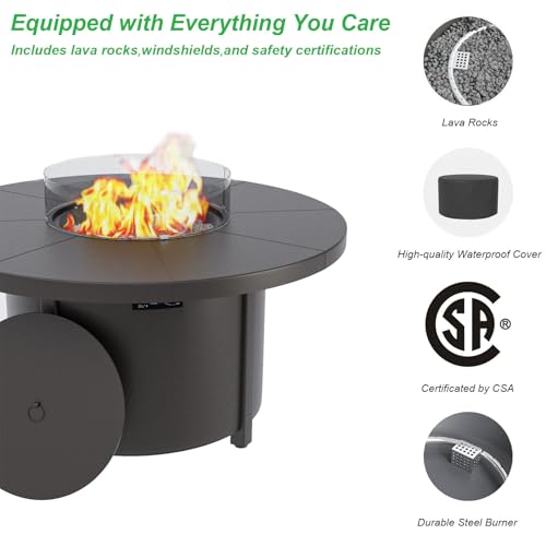 Trumbeak 48" Round Propane Fire Pit,Steel Tabletop Fire Pit w Lava Rocks,55000 BTU Auto-Ignition CSA Certified Gas Fire Pits with Lid & Windproof Glass for Outdoor,Patio,Backyard