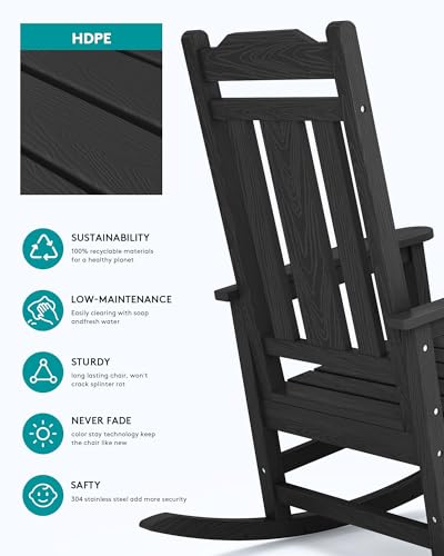 SERWALL Oversized Rocking Chair Outdoor, HDPE Outdoor Rocking Chair for Adults, Heavy Duty Front Porch Rocker Black