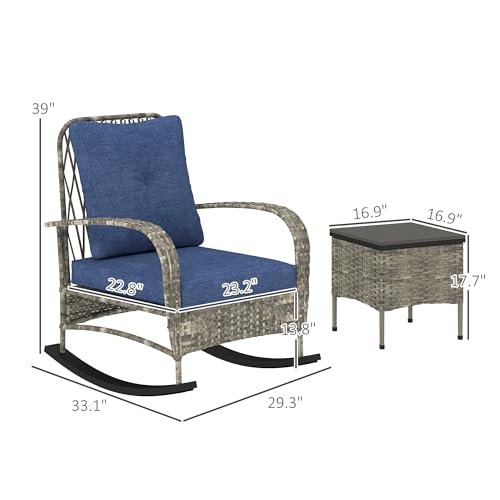Outsunny 3 Piece Wicker Patio Furniture Set, PE Rattan Rocking Chairs with Coffee Table, Cushions, Outdoor Bistro Set for Porch, Garden, Poolside, Gray