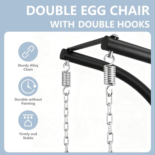 SWITTE Double Egg Swing Chair with Stand, Outdoor Patio 2 Person Hanging Wicker Hammock Chairs with Cushion for Indoor Bedroom, Lawn, Garden-Dark Grey