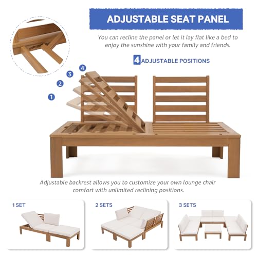 SUNSITT 6 Piece Acacia Wood Patio Furniture Outdoor Sectional Sofa Set with Adjustable Armrest, FSC Certified L-Shaped Patio Set w/2-in-1 Coffee Table, Cream White Cushions for Garden
