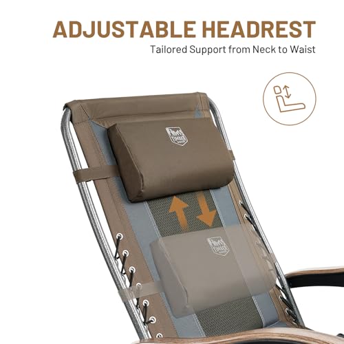 TIMBER RIDGE Outdoor Reclining Patio Padded with Adjustable Headrest and Cup Holder Foldable Zero Gravity Lawn Chair XL for Adults, Support up to 350 LBS, Brown,1 Count