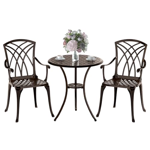 Z1UVDFUR Patio Bistro Set 3 Piece, Cast Aluminum Bistro Set for 2 w/Umbrella Hole, Outdoor Table and Chairs Set of 2, Bistro Set for Balcony/Backyard/Garden, Bronze