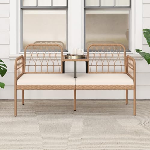 Tangkula Outdoor Loveseat with Built-in Coffee Table, Patio Wicker Conversation Sofa for 2 with Padded Cushion, for Lawn, Garden and Backyard (Off White)