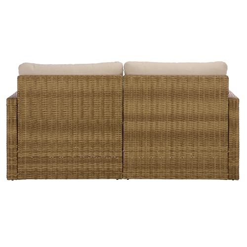 SAFAVIEH Outdoor Patio Furniture Collection – Emma Natural Rattan & Taupe Cushion Sofa, Modern Outdoor Seating (PAT7564A)