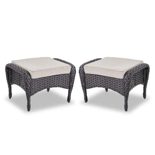 Belord Outdoor Ottomans for Patio Foot Rest - 25 Inch PE Wicker Foot Stool Set of 2 with Removable Cushions for Patio Furniture Sets,All Weather Rattan Ottoman for Balcony Backyard Black/Beige