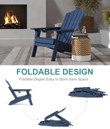 FOOWIN HDPE Adjustable Adirondack Chair Set of 2, 400lbs Heavy Duty Folding Patio Chairs with Cup Holder, 3-Position Reclining Fire Pit Seating, All-Weather Poly Lumber for Backyard, Deck - Navy Blue