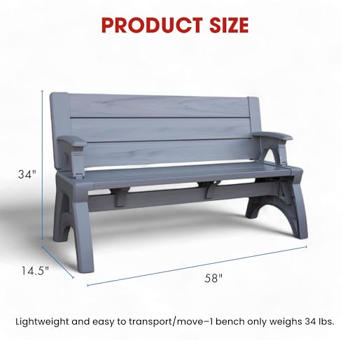 Convert-a-Bench 2-in-1 Outdoor Bench & Picnic Table - Foldable, Weather-Resistant Seating - Perfect for Patio, Lawn, Garden, or Deck - Durable & Easy Assembly - 1 Bench/Order, Platinum Gray