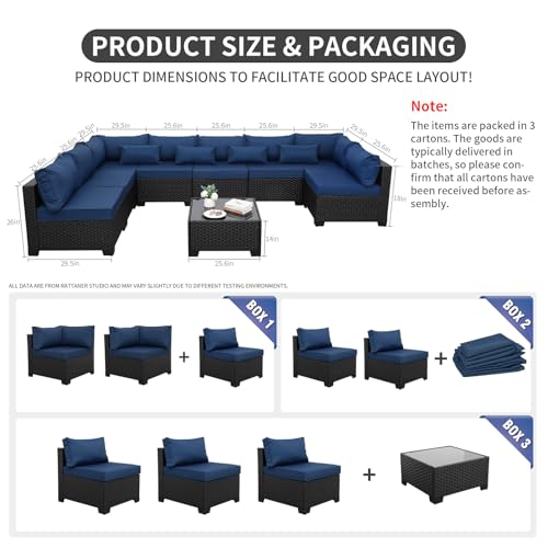Rattaner 9 Pieces Outdoor Sectional All-Weather Wicker Patio Furniture Set Patio Sectional and Glass Patio Table Non-Slip Cushions and Waterproof Covers, Navy Blue
