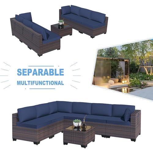 Kullavik 12PCS Outdoor Patio Furniture Set,PE Wicker Rattan Sectional Sofa Patio Conversation Sets with Tempered Glass Table,Swivel Rocking Chairs Set,Navy Blue