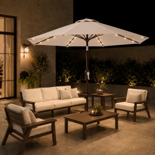 Patio Kingdom 11FT Solar Patio Umbrella with Lights, Outdoor Table Market Umbrella with 32 LED Lights, 8 Sturdy Ribs, Smooth Crank Lift for Pool, Deck and Garden, UV-Resistant, Beige
