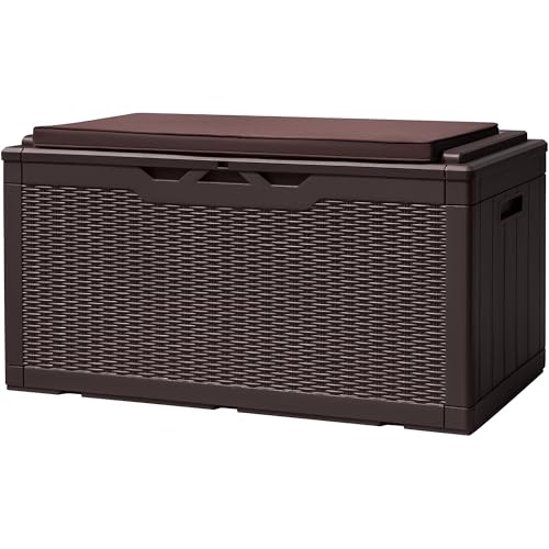 Devoko 100 Gallon Deck Box, Waterproof Resin Outdoor Storage Box with Cushion for Outside and Patio, Large Outdoor Storage Bench Cabinet Lockable for Patio Furniture and Garden Tools (Deep Brown)