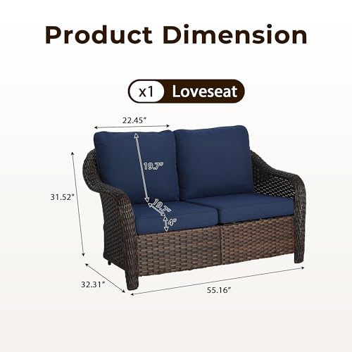 Qsoer 55 inch Outdoor Wicker 2 Seater Sofa, All-Weather Use Patio Rattan Loveseat with Seat and Back Cushion, Ideal for Porch, Backyard, Balcony, Poolside, Blue
