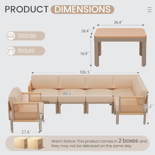EROMMY 7 Pieces Patio Sectional Furniture Set, Aluminum Frame Outdoor Conversation Set with Single seat, 6" Thick Cushions & Coffee Table, All-Weather Sofa for Poolside, Deck & Backyard, Beige