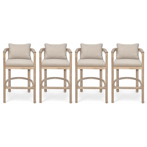 Christopher Knight Home Kuart Acacia Wood Outdoor Bar Stool Set of 4 with Cushion, Patio Armchair Set for Bar Table, Wooden Patio Counter Height Bar Stool with Footrest, Natural Washed+Beige
