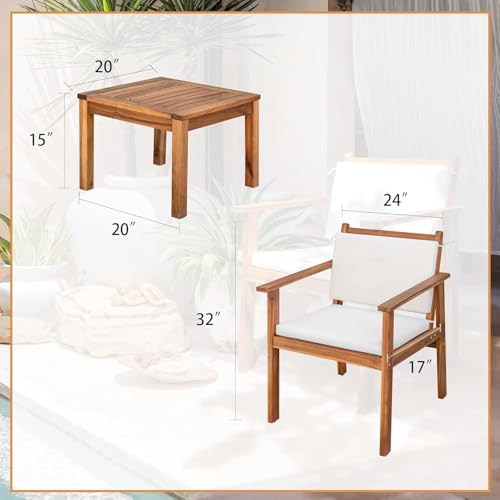 Devoko Patio Set 3 Piece Acacia Wood Outdoor Furniture Conversation Seat with Table & Cushions Porch Chairs for Balcony, Deck, Backyard, Beige