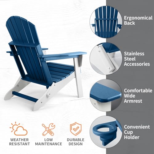 FUNBERRY Folding Adirondack Chair Set of 4, Blue & White All Weather HDPE Fire Pit Chairs with Cup Holder for Outdoor