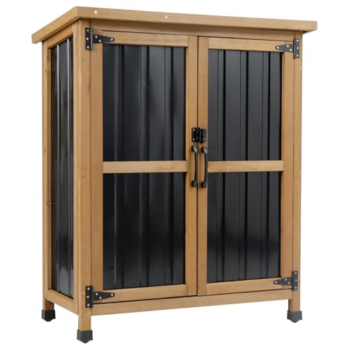 Ketive Outdoor Storage Cabinet, Wood & Metal Small Garden Tool Storage Cabinet with Weather-Resistant Asphalt Roof, Double Lockable Doors & Removable Shelves for Porch, Patio, Garden, Backyard