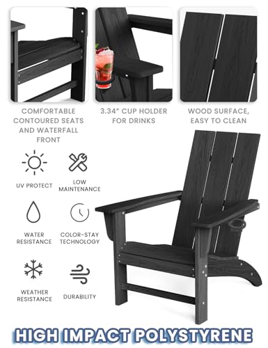 POLYDUN Modern Adirondack Chair with Cup Holder, HDPE Plastic Patio Chairs for All Weather, Fire Pit Chair, Outdoor Lawn Chairs for Deck, Porch, Backyard, Garden, Black