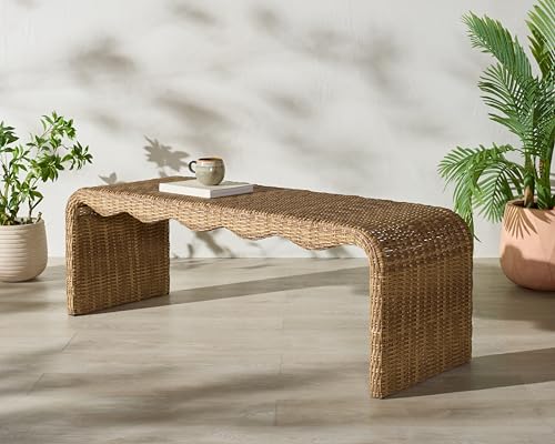 SAFAVIEH Couture Outdoor - Lynsee Natural Faux Wicker Patio Bench, Handwoven Rattan-Style Outdoor Seating with Stainless Steel Frame, Fully Assembled, 60" W x 20" D x 20" H (CPT2113A)