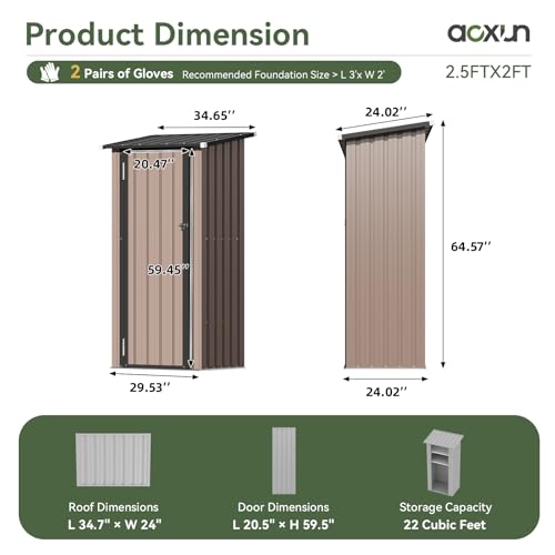 Aoxun Outdoor Storage Cabinet Shed - Vertical Cabinet with Floor, 2 Adjustable Shelves & Lockable Doors, Waterproof Small Tool Shed, for Backyard Garden Patio Lawn Indoor, Brown