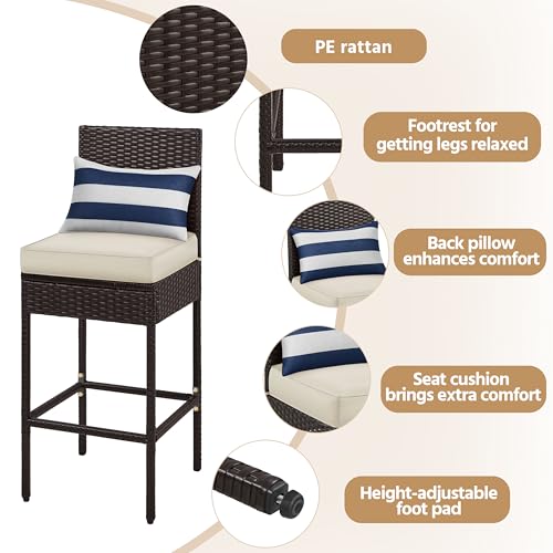 Yaheetech Set of 4 Patio Bar Stools, Outdoor PE Rattan Bar Height Chairs with Cushions & Footrests & Backrest for Indoor/Outdoor/Backyard/Porch, Max.Load 300Lb, Brown/Beige
