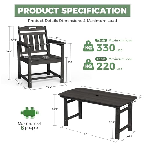 SUUNYN HDPE Outdoor Dining Set, Patio Table and Chairs Set, All-Weather 7-Piece Outside Table and 6 Chairs, 2" Umbrella Hole, Outdoor Furniture for Garden, Poolside, Backyard, Deck | Black